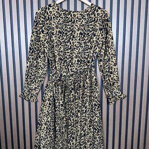 J Crew Wrap Dress 4 / S Womens Brown Front Tie Pleated Long Sleeve Leopard Art